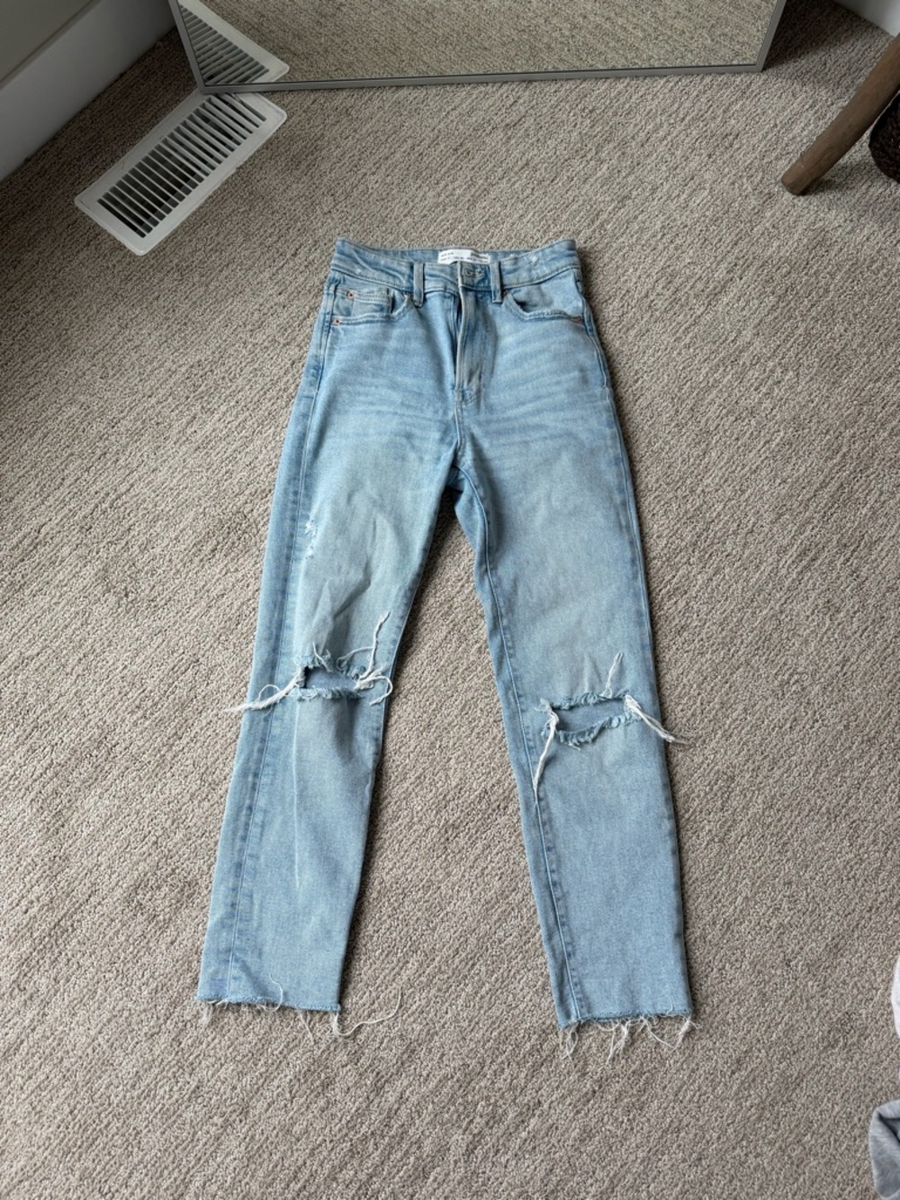 stradivarius Light Blue Straight-Leg Distressed Jeans